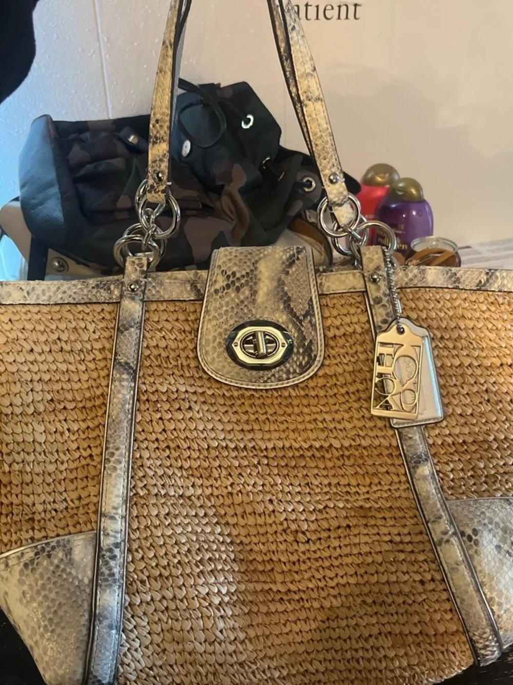 Coach Woven Straw Tote with Snake-Print Trim - Tan & Cream